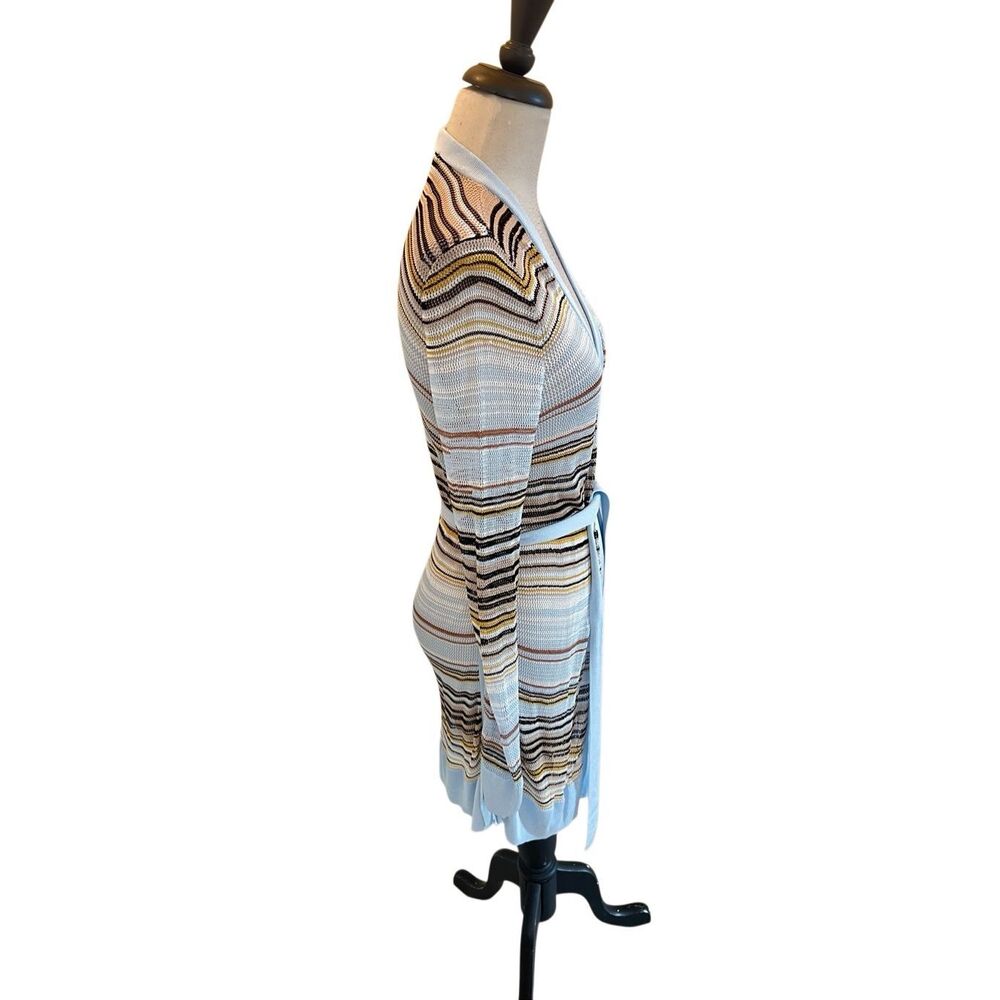 White House Black Market Women's Striped Belted Duster Cardigan Blue Tan Small - Picture 3 of 6